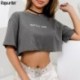 Rapwriter casual bordado carta colheita topos t camisa das mulheres 2020 verão topo harajuku o-pescoço manga curta solta camiset